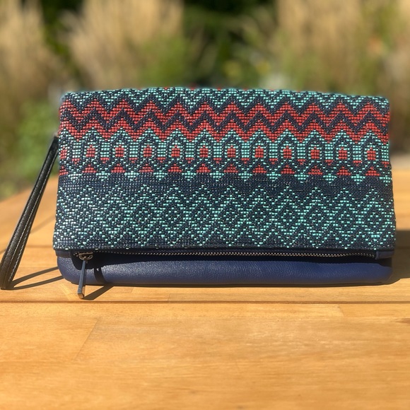 Express Handbags - Navy Vegan Leather Clutch with Southwestern Print Woven Patterned Panel